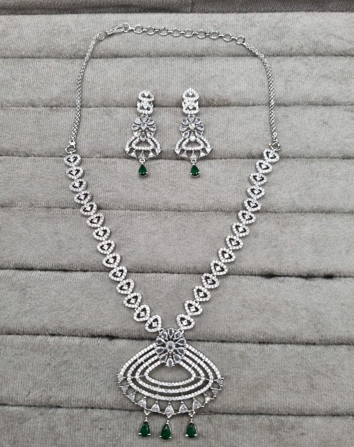 Silver-Tone Heart Link Necklace with Green Accents